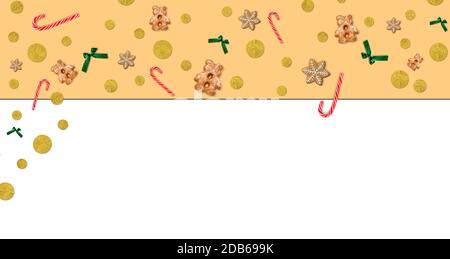 Weihnachts-Cookie-Muster.Beige nahtlose Hintergrund.Winterferien Dessert Dekoration.Kreative Anordnung der Lebkuchen, Dekorationen und Wacholder Stockfoto