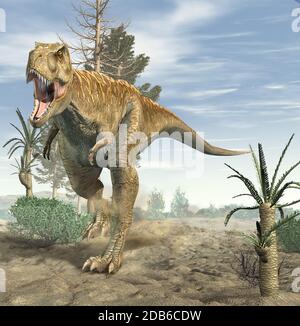 T-Rex Dinosaurier, der mit einigen Pflanzen in der Umgebung läuft. Realistische 3D-Darstellung. Stockfoto