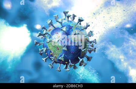 Corona-Virenszene mit detaillierter Struktur und Erdkarte darauf. Blaue Motive auf blauem Hintergrund. 3D-Rendering. Stockfoto