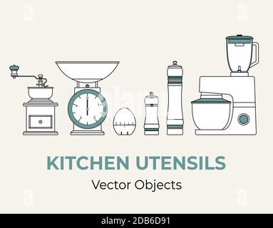Küchengeräte Vektor isoliert gesetzt. Kaffeemühle Küchenwaagen Pfeffer Salz Mühle Mixer Timer Ei Linie Illustration Stock Vektor