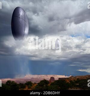 3D Illustration von außerirdischen Raumschiffen in den Wolken über dem Grand Canyon an einem stürmischen Tag in Canyonlands, Utah, USA, für Futuristic, Fantasy und Inter Stockfoto