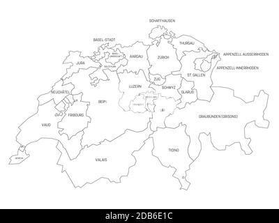 Schwarze Umrisse politische Karte der Schweiz. Verwaltungsabteilungen - Kantone. Einfache Vektorkarte mit Beschriftungen. Stock Vektor