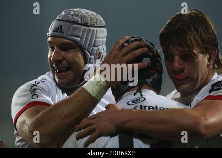 Parma, Italien. November 2020. Ulster feiert den Versuch während Zebre Rugby vs Ulster Rugby, Rugby Guinness Pro 14 Spiel in parma, Italien, November 16 2020 Kredit: Unabhängige Fotoagentur/Alamy Live Nachrichten Stockfoto