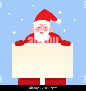 Happy Santa Claus mit leerem Schild. Lächelnder Papa Noel hinter Feier Banner, auf blau verschneiten Hintergrund. Vektor-Illustration von Merry Stock Vektor