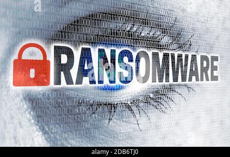 Ransomware Auge mit Matrix schaut Betrachter Konzept. Stockfoto