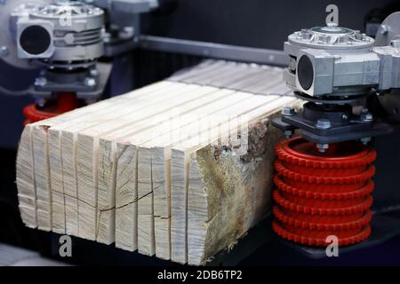 Sägen von Brettern aus Rundholz mit Mehrsägemaschine. Selektiver Fokus. Stockfoto