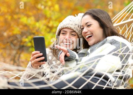 Zwei glückliche Freunde, die Smartphone in einer Hängematte innen überprüfen Herbstsaison im Wald Stockfoto