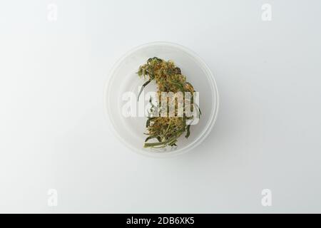 Cannabis Knospe in Verpackung auf weißem Hintergrund. Medizinische Cannabisdroge. Stockfoto