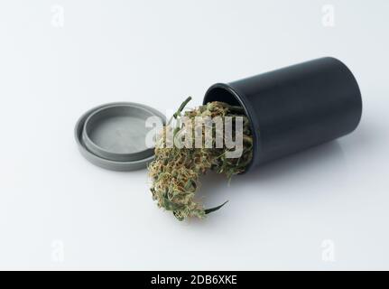 Cannabis Knospe in Verpackung auf weißem Hintergrund. Medizinische Cannabisdroge. Stockfoto