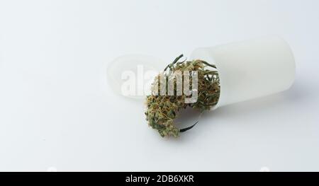 Cannabis Knospe in Verpackung auf weißem Hintergrund. Medizinische Cannabisdroge. Stockfoto