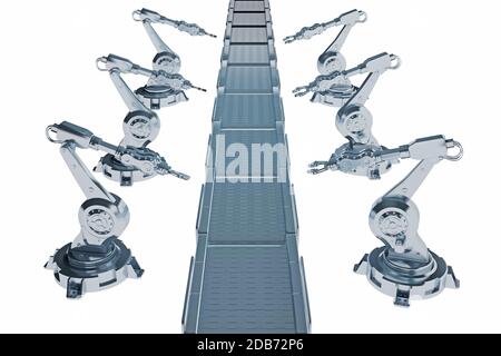 Reihe von Roboterarmen mit Transportband isoliert auf weiß. 3d-Rendering Stockfoto