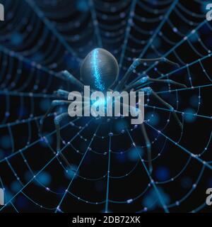 Leuchtend blaue Spinne im Dunkeln. Geeignet für Horror, halloween, Arachnid und Technik Themen. 3D-Illustration Stockfoto