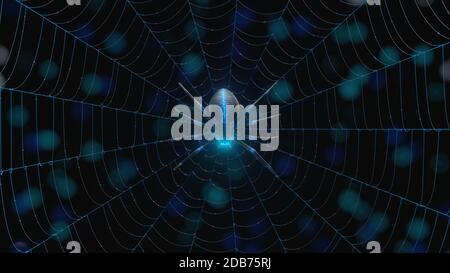 Leuchtend blaue Spinne im Dunkeln. Geeignet für Horror, halloween, Arachnid und Technik Themen. 3D-Illustration Stockfoto
