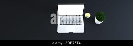 Laptop auf dem Schreibtisch mit Plant, Post und schwarzer Oberfläche 3D-Rendering Stockfoto