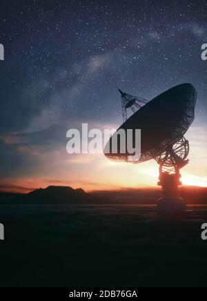 Riesige Satellitenantenne Teller für Kommunikation und Empfang des Signals aus dem Planeten Erde. Sternwarte auf der Suche nach Radio Signal im Raum bei Sonnenuntergang. Stockfoto