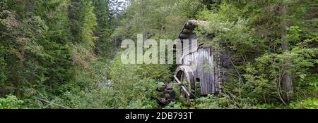 Ehemalige alte Holzmühle mit Wasserrad in einem dichten Wald in Osttirol, Österreich Stockfoto