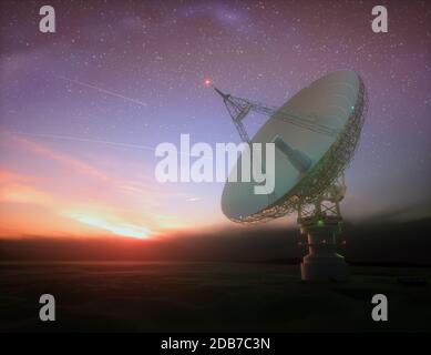 Riesige Satellitenantenne Teller für Kommunikation und Empfang des Signals aus dem Planeten Erde. Sternwarte auf der Suche nach Radio Signal im Raum bei Sonnenuntergang. Stockfoto