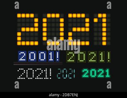 Figuren 2021 Vektorset, leuchtende Zahlen auf elektrischem Display. Zeichen auf für trendige futuristische Neujahrskarte, Digitalanzeige und Anzeigetafel für Stock Vektor