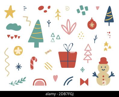 Weihnachtliche Designelemente Set. Einzigartige handgezeichnete Holiday Kollektion. Party-Deko im Winter. Gestaltung von Social Media-Cover. Organische Formen für die Begrüßung Stock Vektor