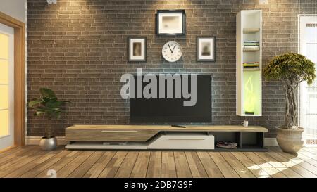 3D Rendering tv-Raum, Salon oder Wohnzimmer mit Ziegelwand Pflanzen und tv-Design von sedat Seven Stockfoto