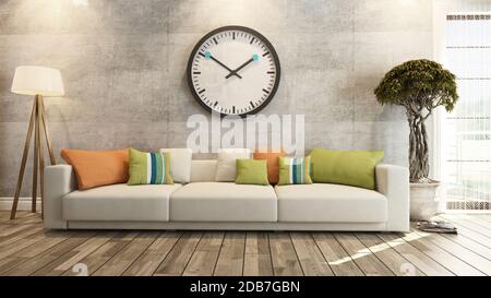 Wohnzimmer oder Salon Interieurdesign mit großen Wand Uhr 3D-Rendering Stockfoto