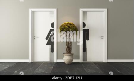 weiße Toilette Türen mit 3D Wandgestaltung und Rendering für Ihr Projekt Stockfoto