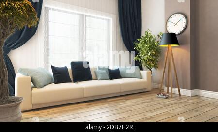 Wohnzimmer oder Salon Interieurdesign mit Sitz und Vorhang 3D-Rendering Stockfoto