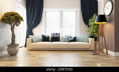 Wohnzimmer oder Salon Interieurdesign mit Sitz 3D-Rendering Stockfoto