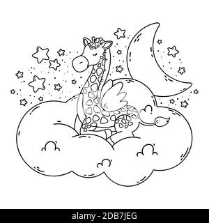 Niedliches Poster mit Giraffe, Mond, Sternen. Vektor-Illustration für Malbuch isoliert auf weißem Hintergrund. Gute Nacht Kinderzimmer Bild. Stock Vektor