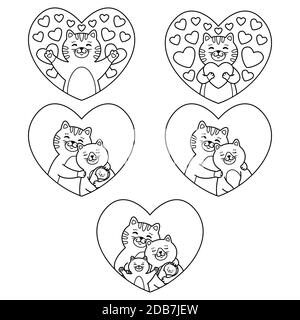 Katzen Familie Mutter, Vater, Kind und neugeborenes Baby Umarmung im Herzen. Tomcat umarmt ein Herz. Set von schönen Elementen. Vektor-Illustration isoliert auf weißem BA Stock Vektor