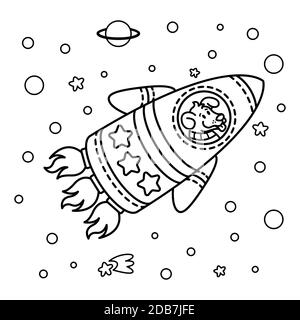 Hund in einem Raketenraumschiff. Sterngalaxie. Netter Kosmonaut Hund im Weltraum. Vektor-Illustration zum Thema Raum in kindischem Stil. Bild für Farbe Stock Vektor