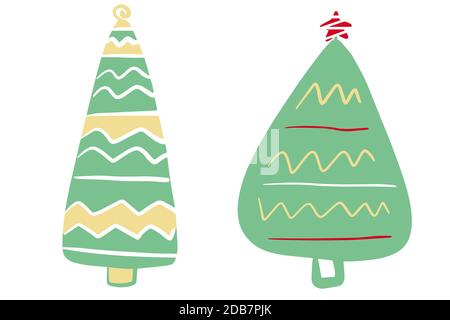 Handgezeichneter Weihnachtsbaum. Doodle Cartoon Illustration mit Weihnachtsschmuck, Sterne. Konzept für das neue Jahr. Abstraktes Plakat mit Feiertags-Symbolen Stock Vektor