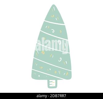 Handgezeichneter Weihnachtsbaum. Doodle Cartoon Illustration mit Weihnachtsschmuck, Sterne. Konzept für das neue Jahr. Abstraktes Plakat mit Feiertags-Symbolen Stock Vektor