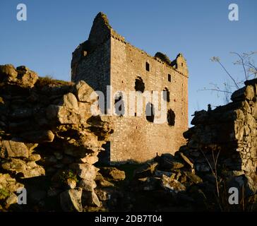 Newark Castle, das über dem Wasser von Yarrow auf dem Bowhill Estate in der Nähe von Selkirk in den Scottish Borders, Schottland, Großbritannien, liegt Stockfoto