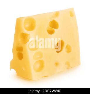 Stück Käse mit großen Löchern, die isoliert auf weißem Hintergrund Stockfoto