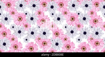 NAHTLOSE VEKTOR BLUMENMUSTER. Echte Blumen. Frühling in leuchtenden Farben. Hi Spring. Rosa. Perfektes Textil- und Geschenkpapier-Design. Gerbera, Anemone, Linie Stockfoto