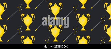 Siegercup. Nahtloses Muster. Hintergrund mit goldener Vase. Sportpreis. Die magische Schüssel. Zauberstab. Stockfoto