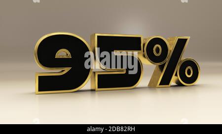 95 Prozent 3d-Gold und Schwarz Luxus-Text isoliert auf weiß, 3D-Rendering-Illustration Stockfoto