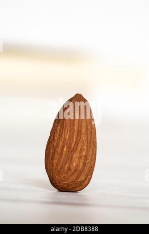 Nahaufnahme einer isolierten Mandel, die auf einem weißen Holztisch auf weißem Hintergrund steht. Nahaufnahme und minimalistische Aufnahme mit Platz für Text Stockfoto