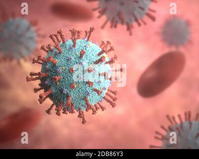 Virale Struktur. Das virale Teilchen besteht aus einem Nukleinsäurekern (DNA oder RNA), der von einem Proteinmantel umgeben ist. Konzeptioneller Veranschaulichungsvirus. 3D i. Stockfoto