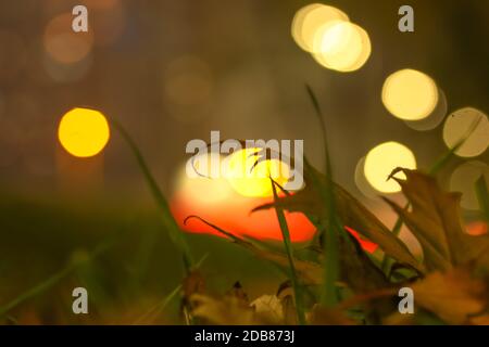 Silhouetten mehrstöckiger Häuser mit hellem Licht in den Fenstern spiegeln sich auf der blauen Wasseroberfläche im See. Große Stadt im Detail Stockfoto