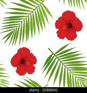 Roter Hibiskus und Palm Blätter nahtlose Muster. Vektor-Illustration. Stockfoto