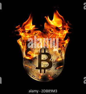 Brennend in Feuer goldener Bitcoin isoliert auf schwarzem Hintergrund Stockfoto