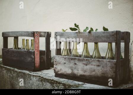 Leere Weinflaschen in Holzkisten Stockfoto