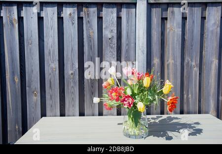 Heller Frühling bunte Blumen in einer Glasvase auf Gartentisch in der Nähe von Holzzaun an einem sonnigen Tag Schönheit Stockfoto