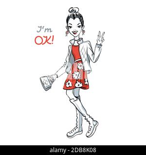 Nett schön Mädchen im roten Kleid im roten Kleid und weiße Jacke und Stiefel Stockfoto
