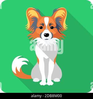 Vector serious Hund Papillon rot und schwarz Hund sitzend Symbol Flaches Design Stockfoto