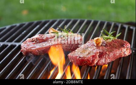 Zwei saftige Scheiben zart roher Rumps- oder Filetrindsteaks, gewürzt mit Kräutern und Gewürzen, die im Freien über einem Grill mit grüner Rasenfläche grillen Stockfoto