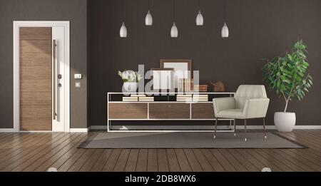 Moderner Hauseingang mit gepanzerter Tür, Sideboard und Sessel - 3d-Rendering Stockfoto