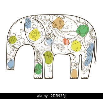 Vektor handgezeichneter Elefant mit Blumenmuster. Stock Vektor